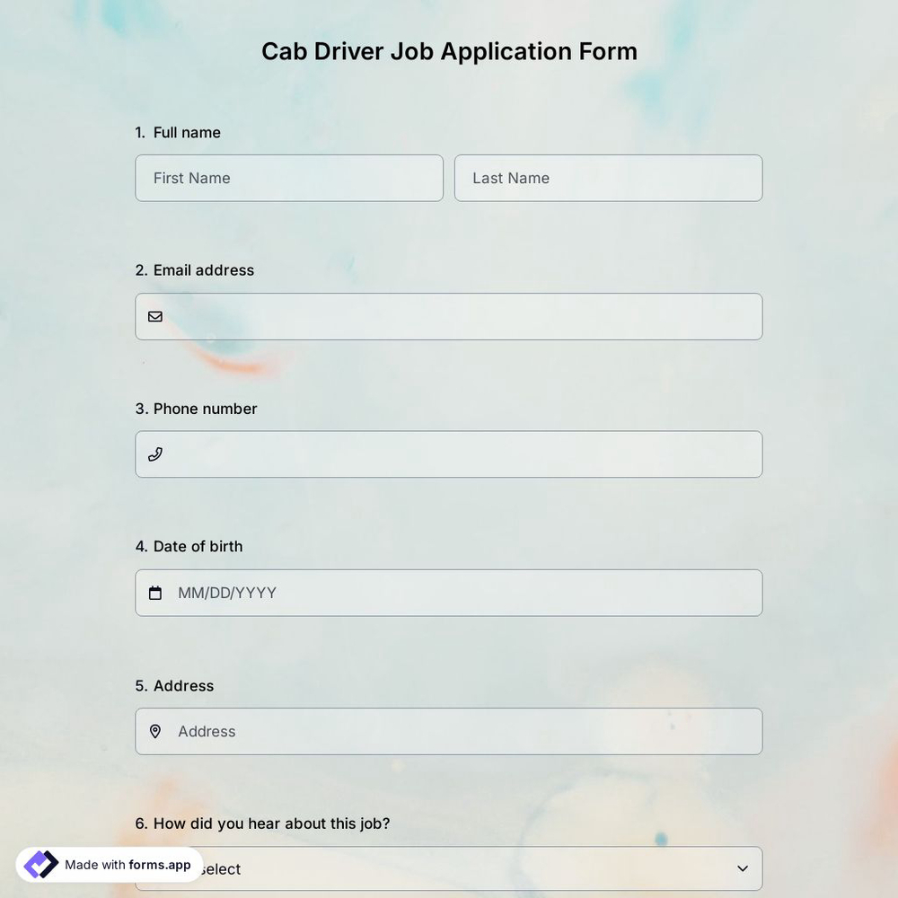 Cab Driver Job Application Form
