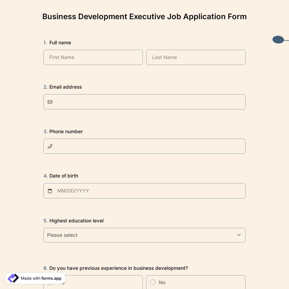 Business Development Executive Job Application Form