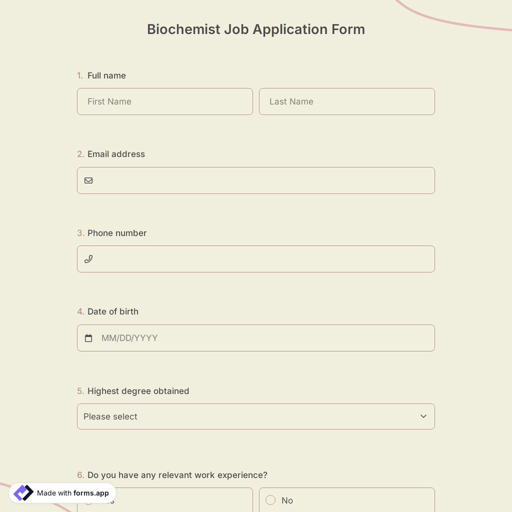 Biochemist Job Application Form