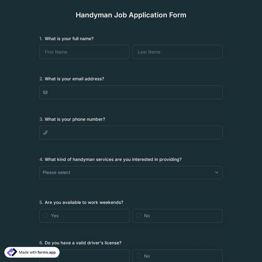 Handyman Job Application Form