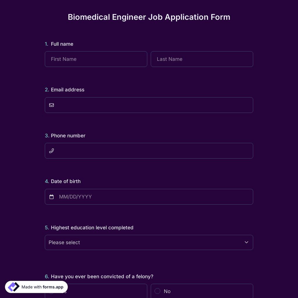 Biomedical Engineer Job Application Form