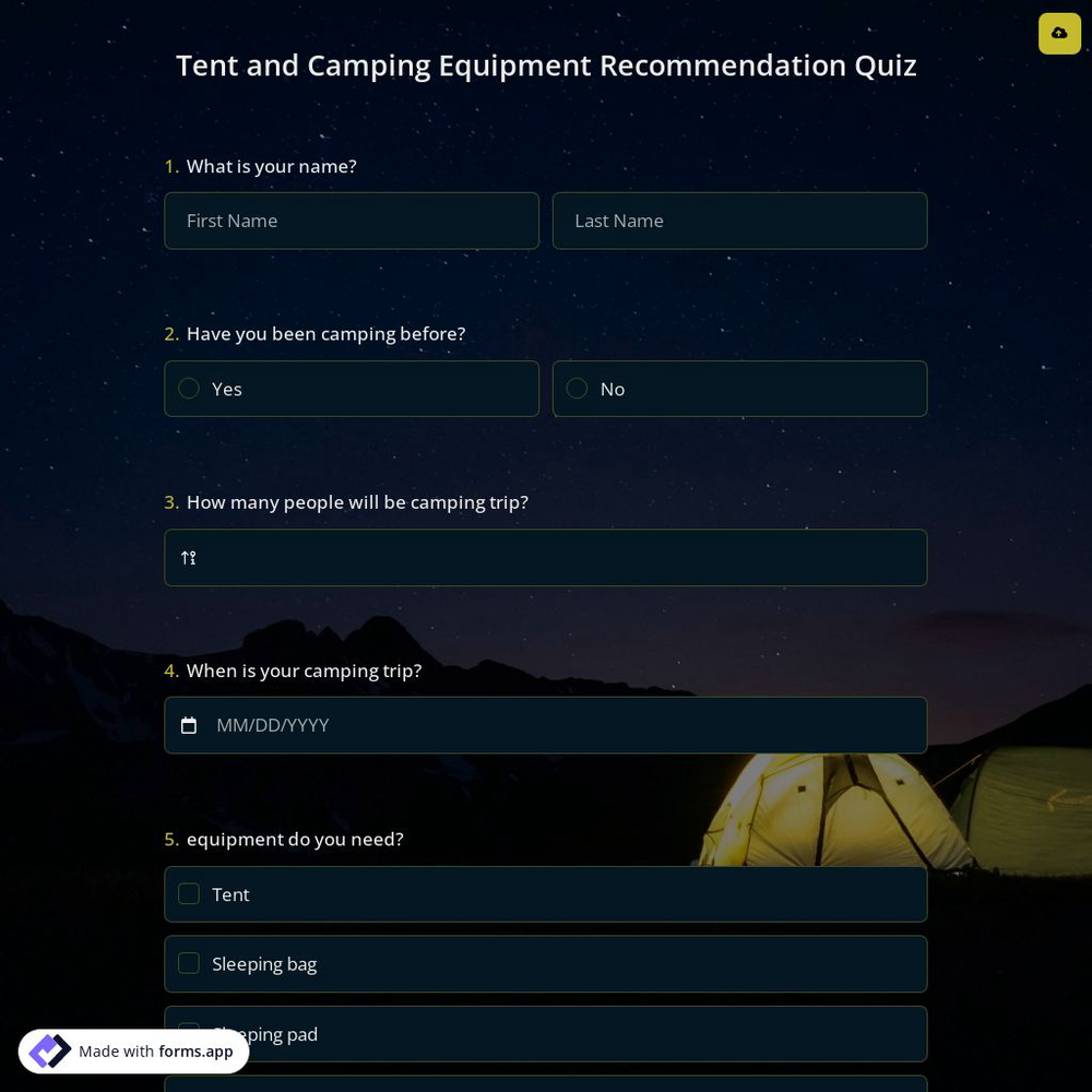 Tent And Camping Equipment Recommendation Quiz