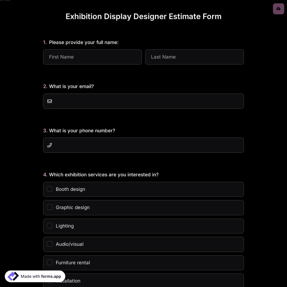 Exhibition Display Designer Estimate Form