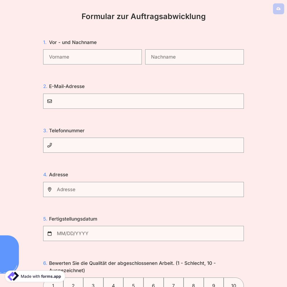 Formular zur Auftragsabwicklung