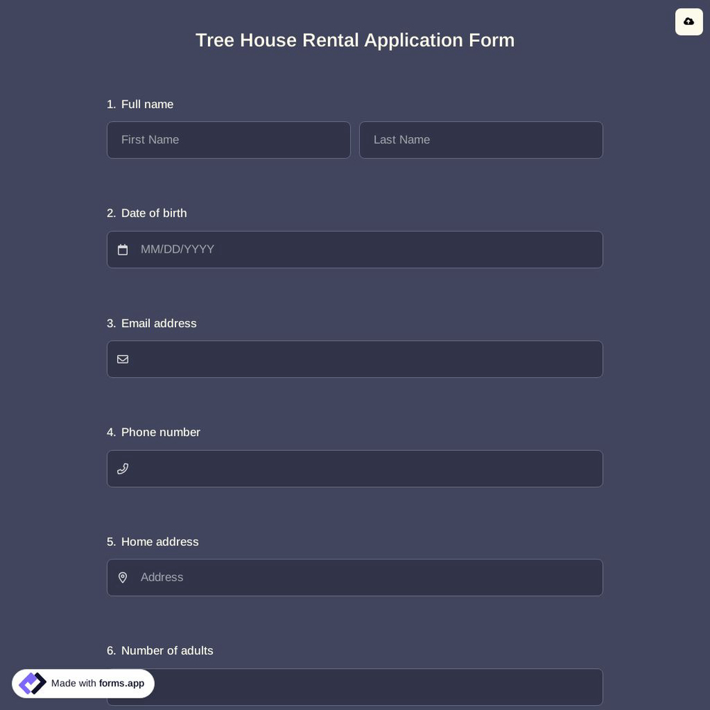 Tree House Rental Application Form