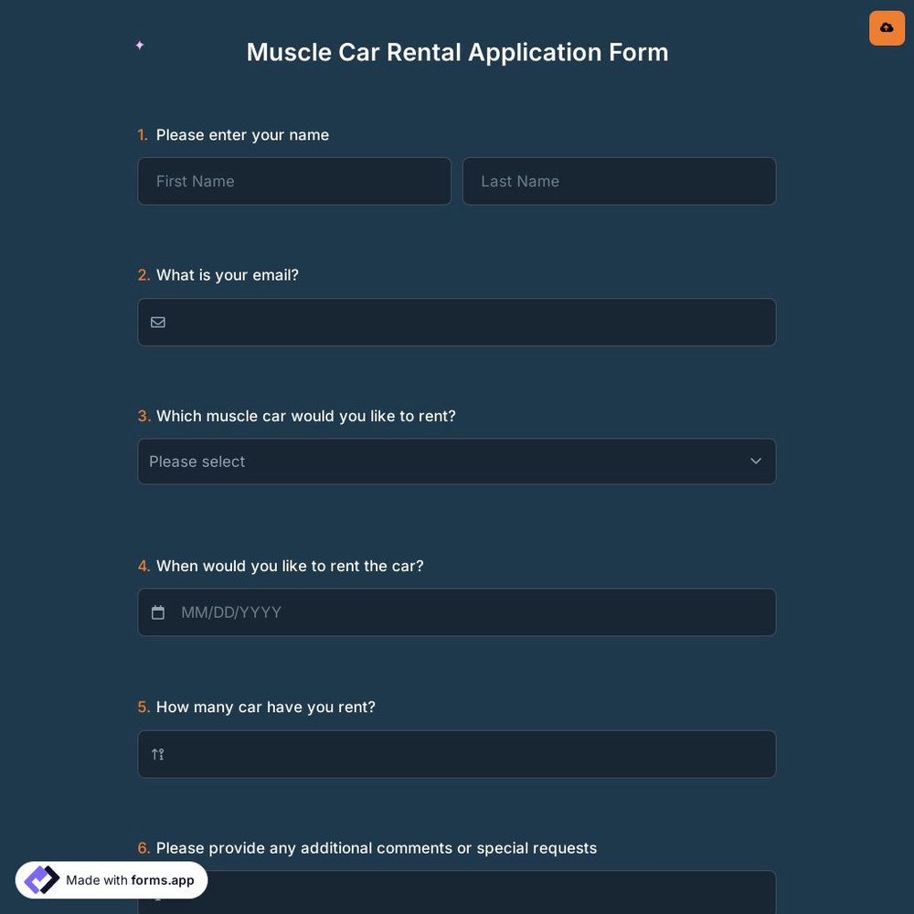 Muscle Car Rental Application Form