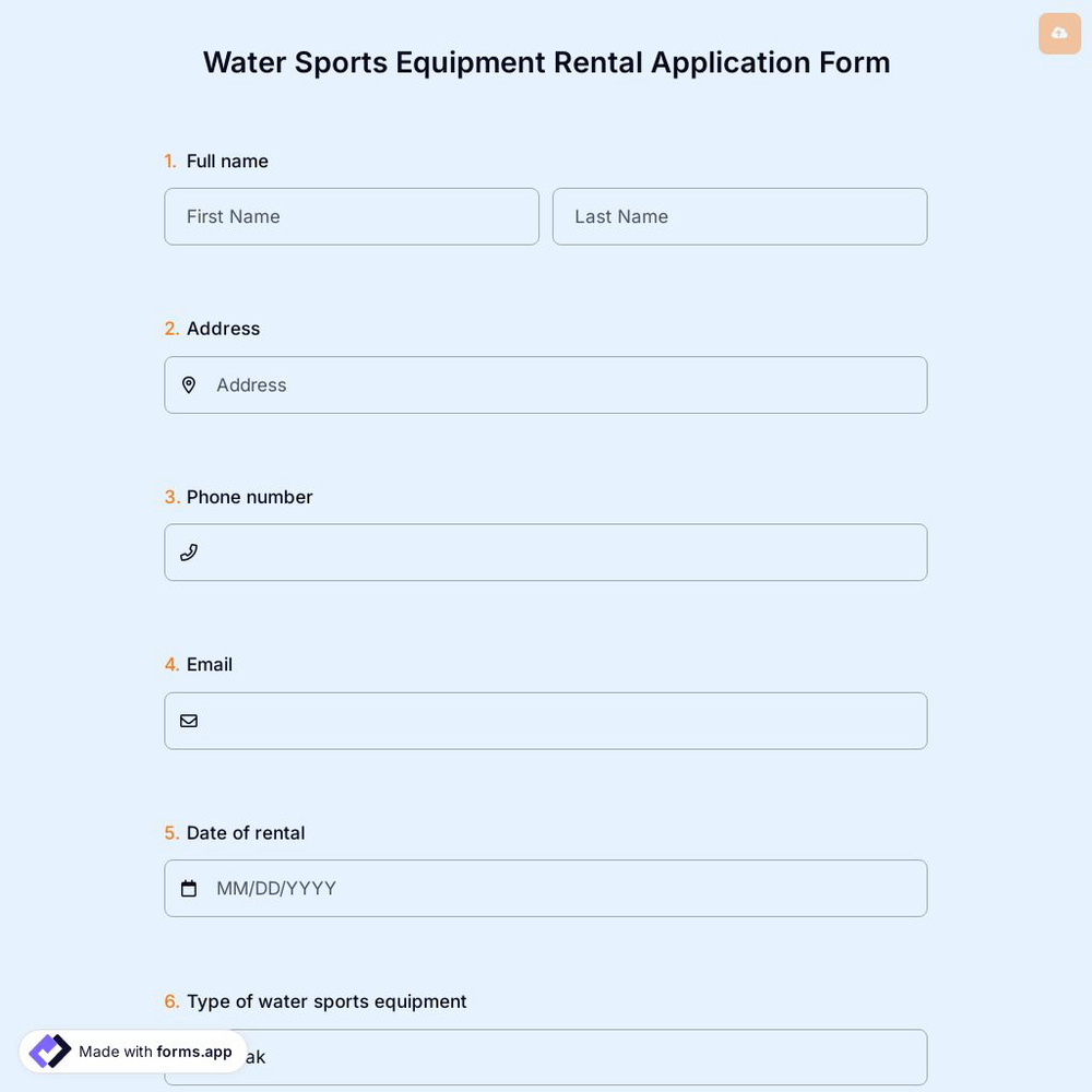 Water Sports Equipment Rental Application Form