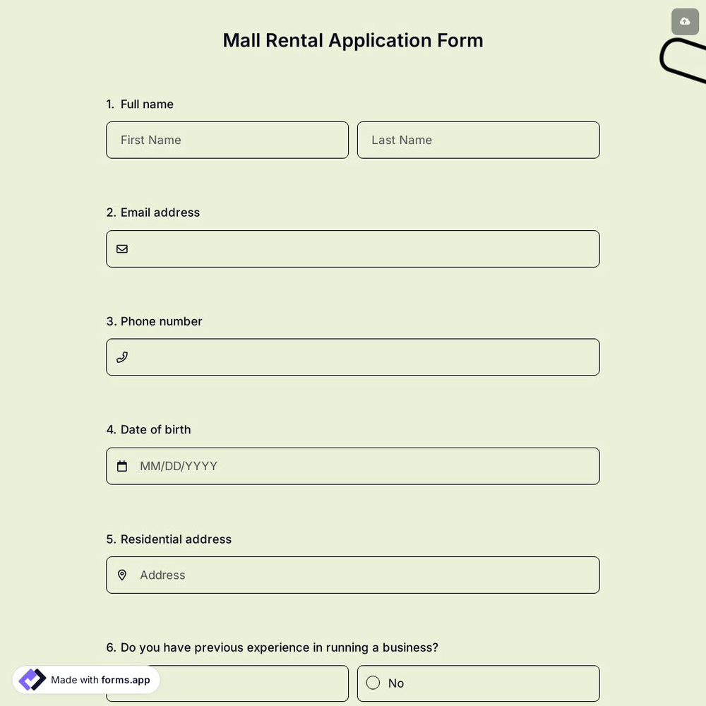 Mall Rental Application Form