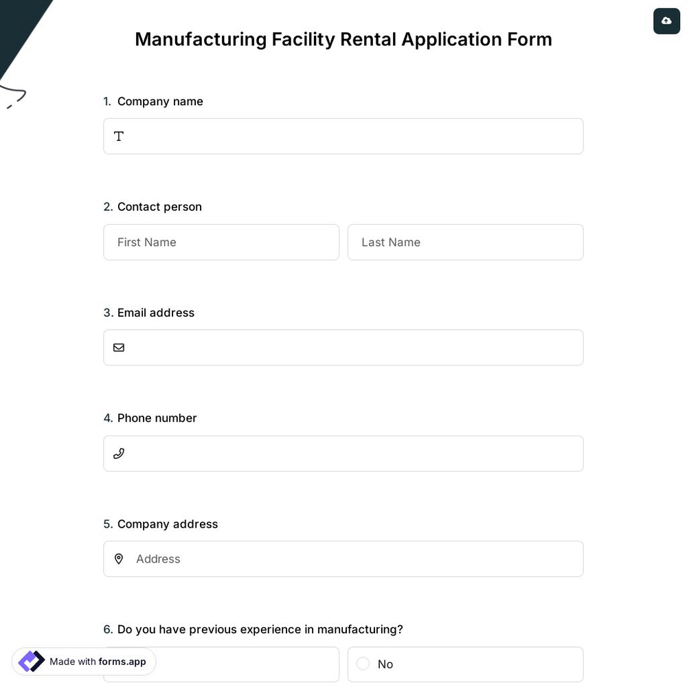 Manufacturing Facility Rental Application Form