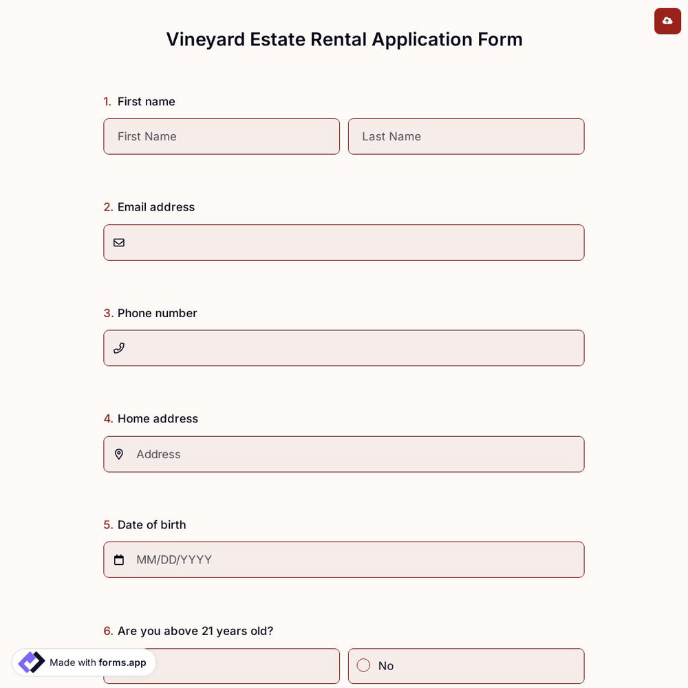 Vineyard Estate Rental Application Form