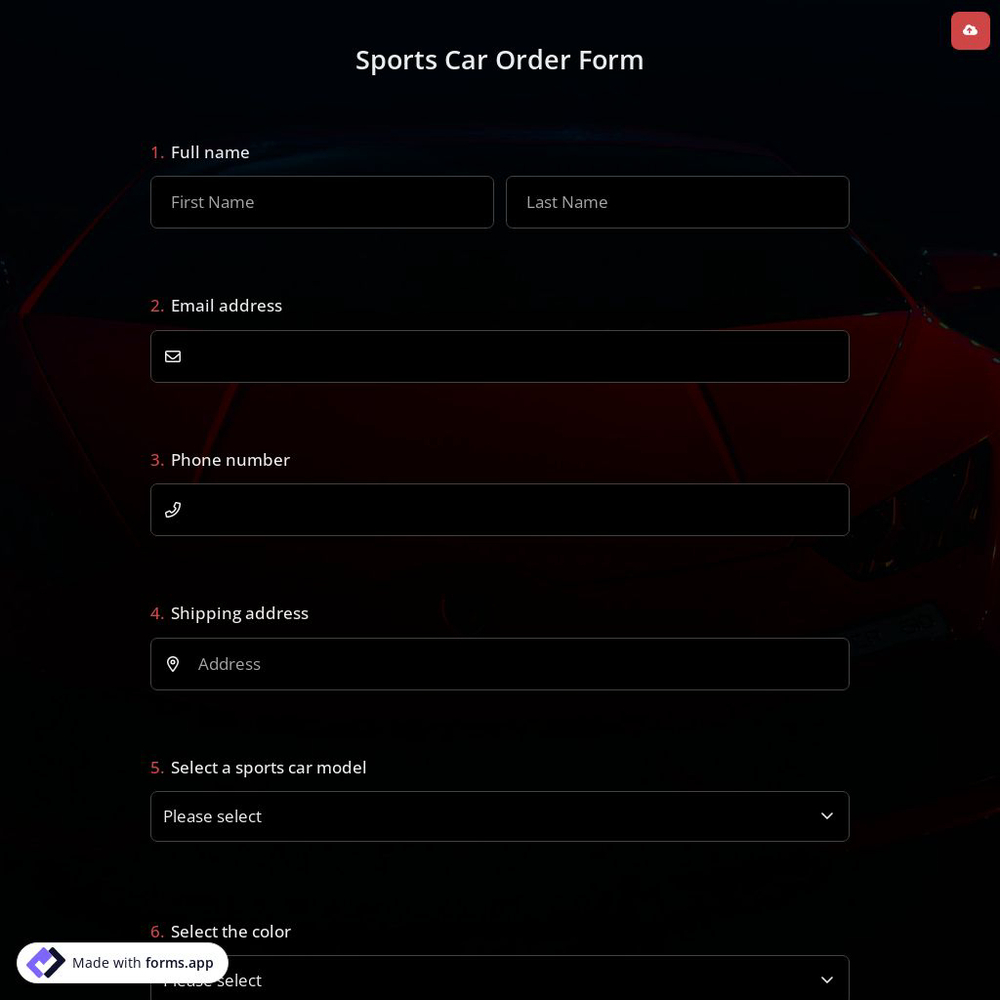 Sports Car Order Form