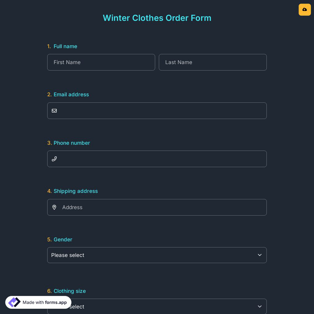 Winter Clothes Order Form