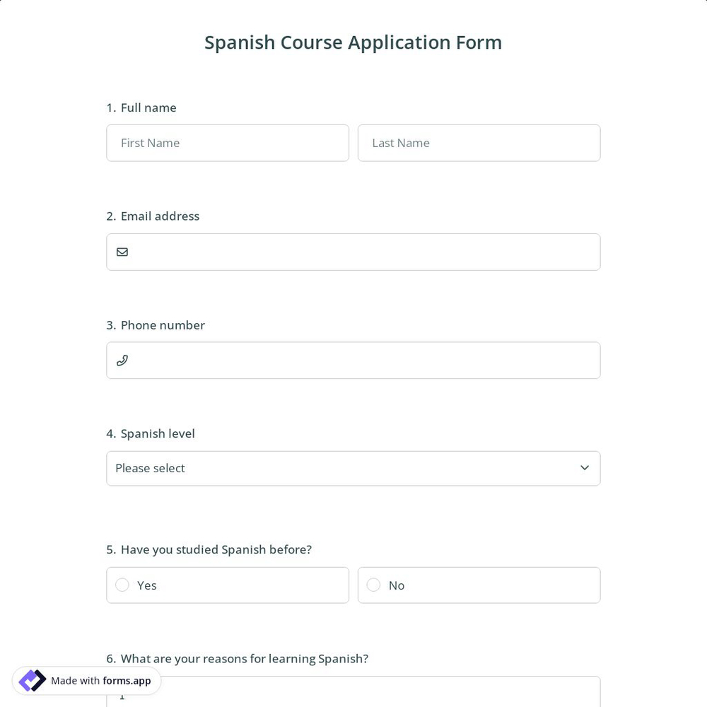 Spanish Course Application Form