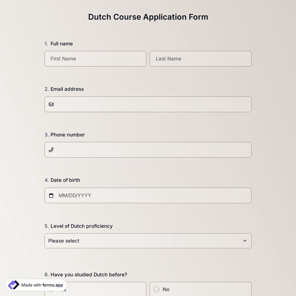 Dutch Course Application Form