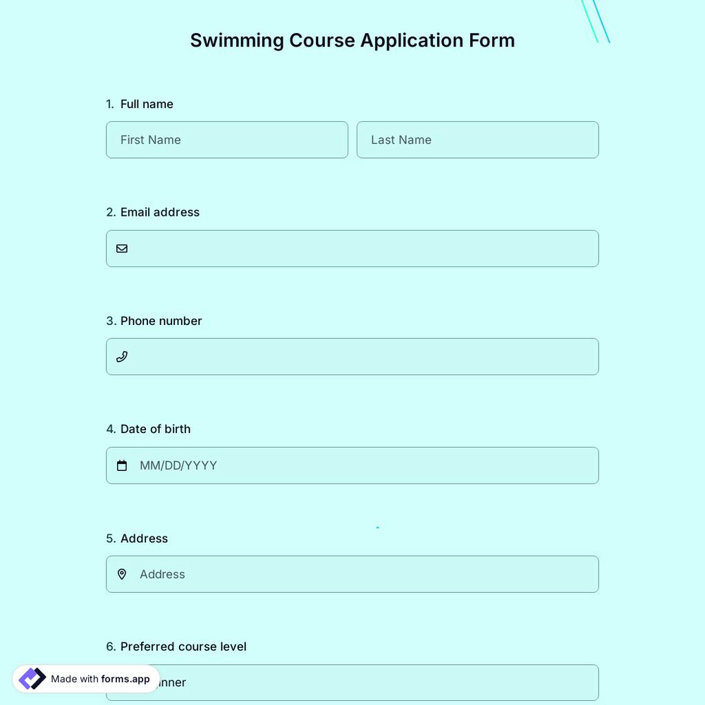 Swimming Course Application Form