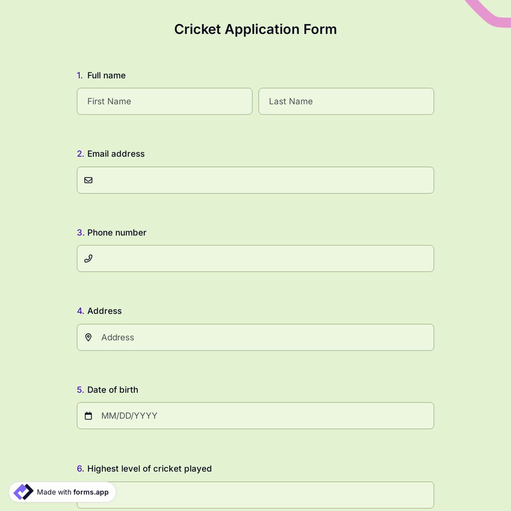 Cricket Application Form