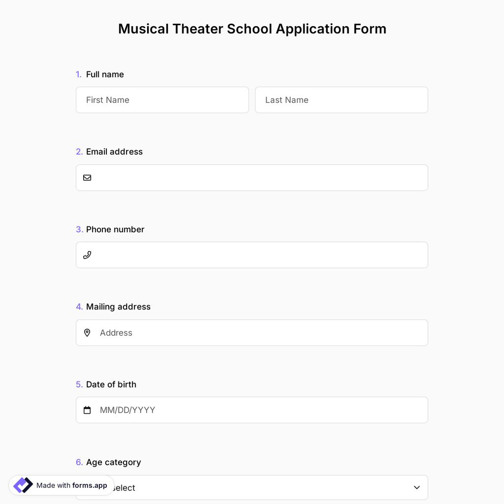 Musical Theater School Application Form