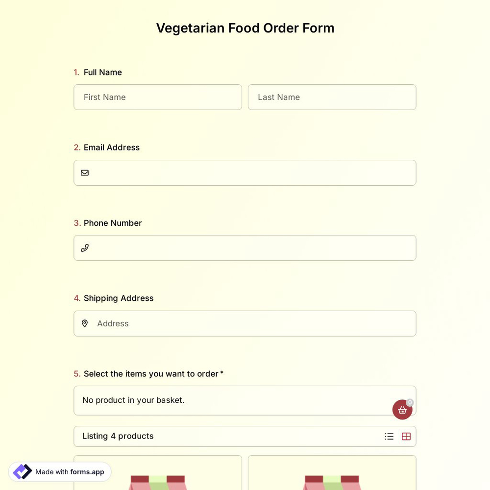 Vegetarian Food Order Form