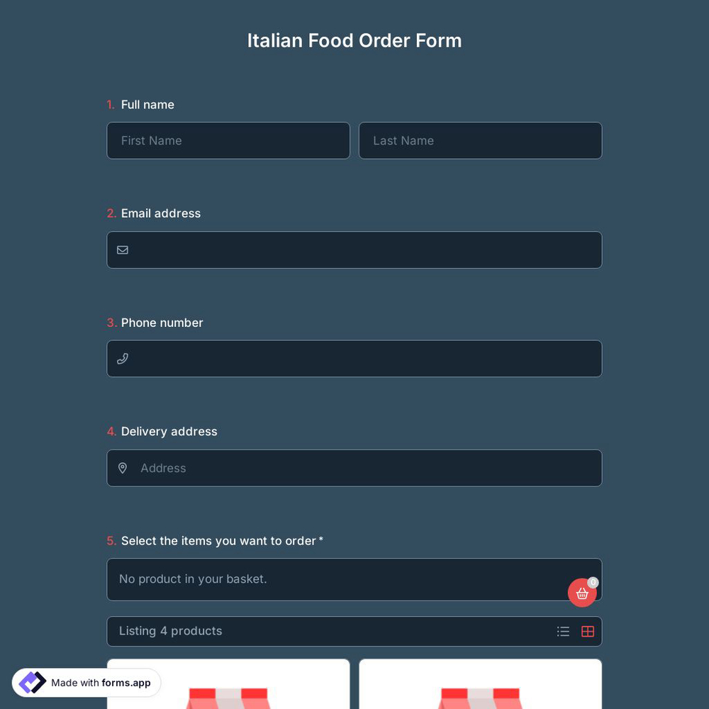 Italian Food Order Form