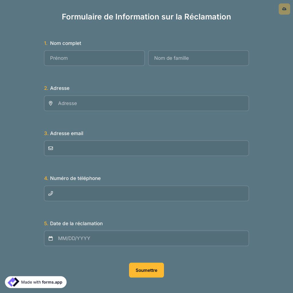 Formulaire de Information sur la Réclamation