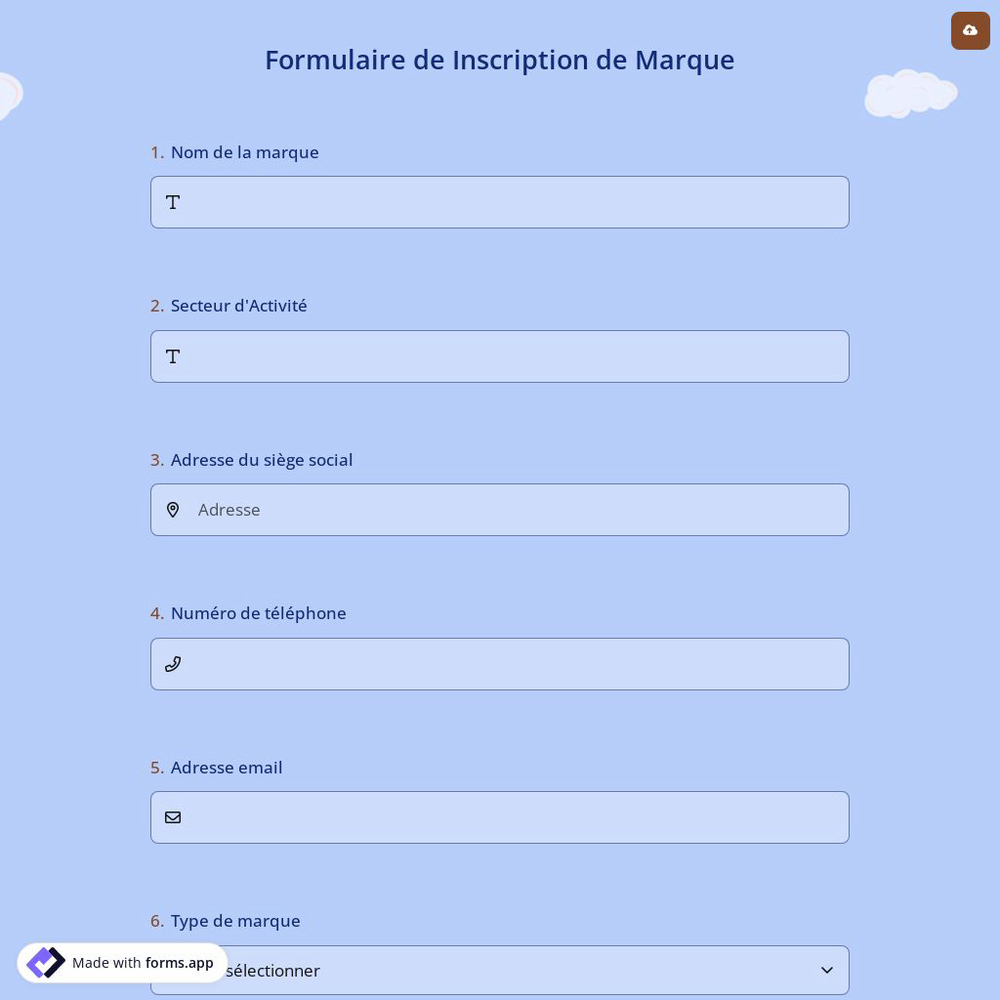 Formulaire de Inscription de Marque