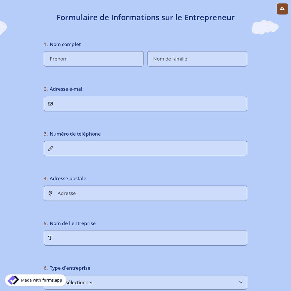 Formulaire de Informations sur le Entrepreneur