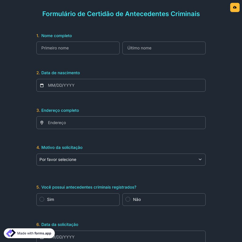 Formulário de Certidão de Antecedentes Criminais