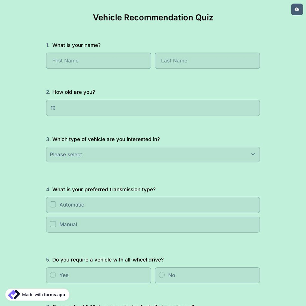 Vehicle Recommendation Quiz