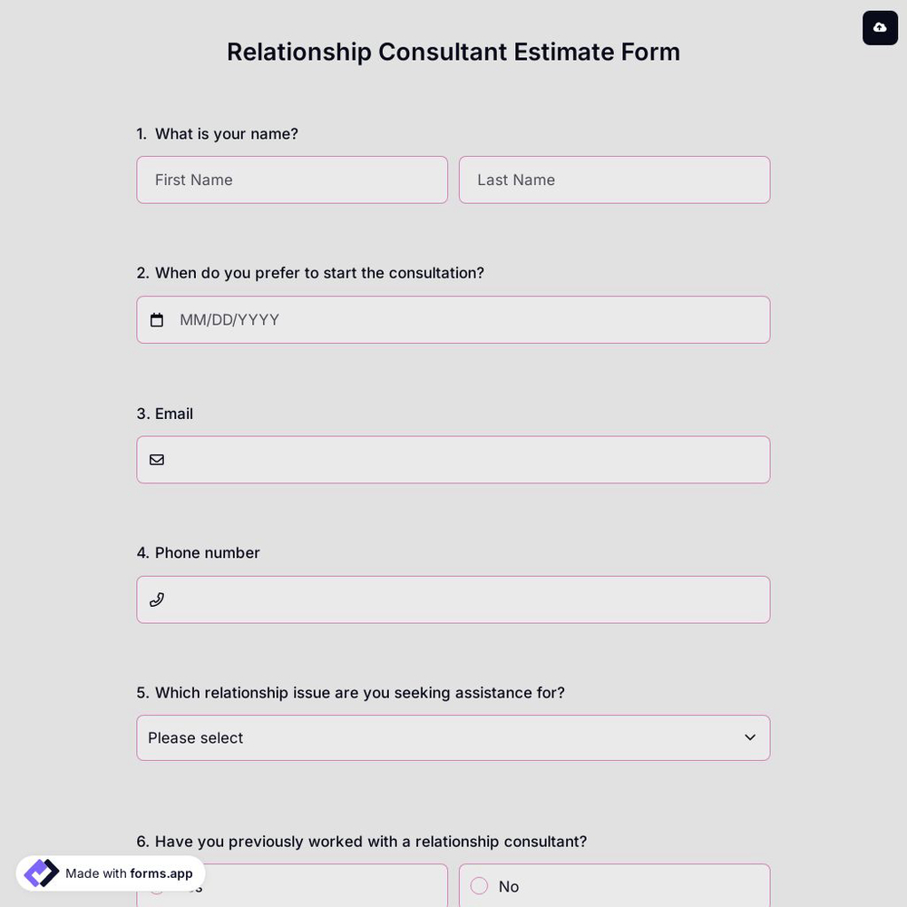 Relationship Consultant Estimate Form