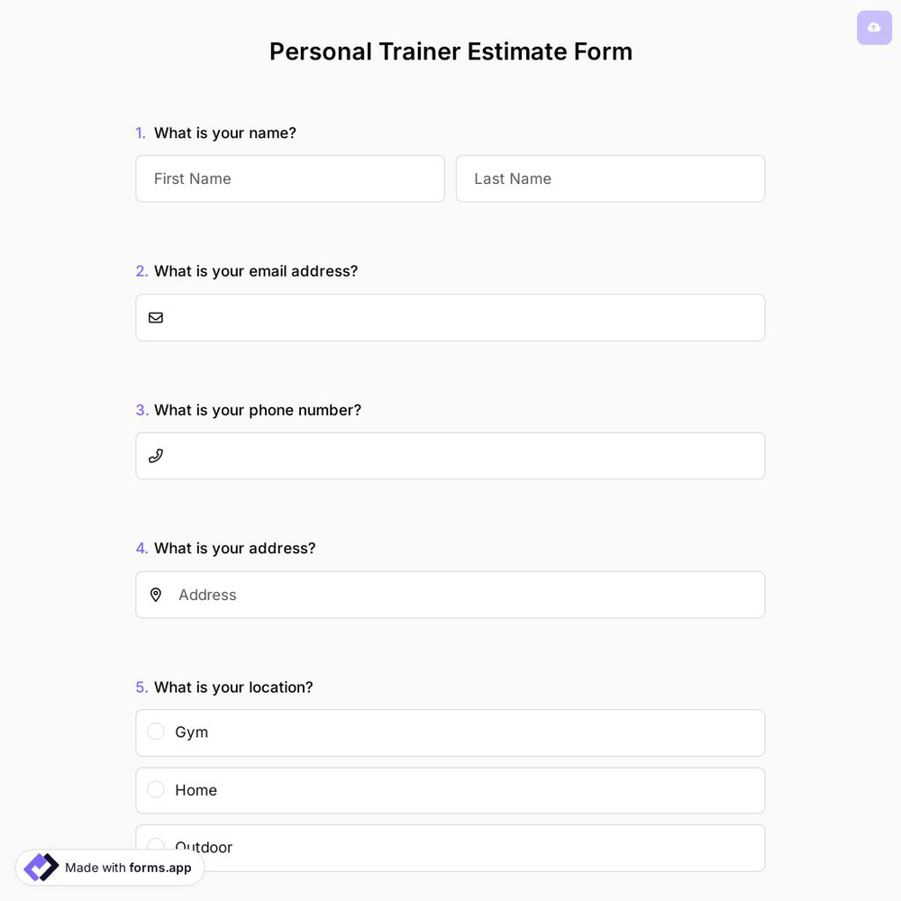 Personal Trainer Estimate Form