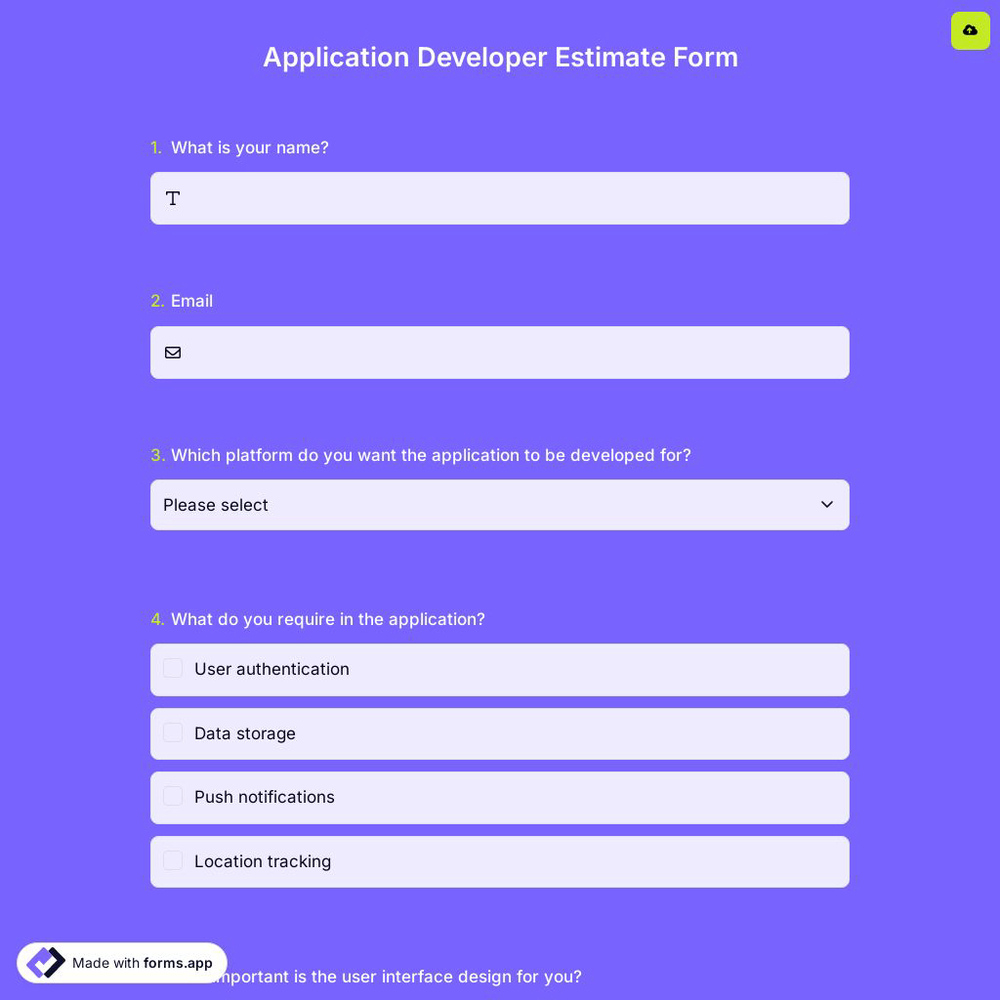 Application Developer Estimate Form