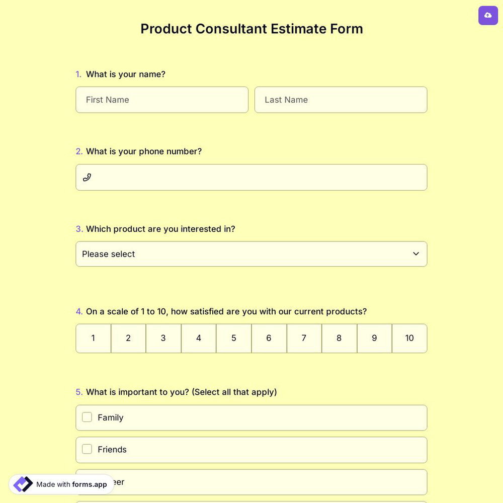 Product Consultant Estimate Form
