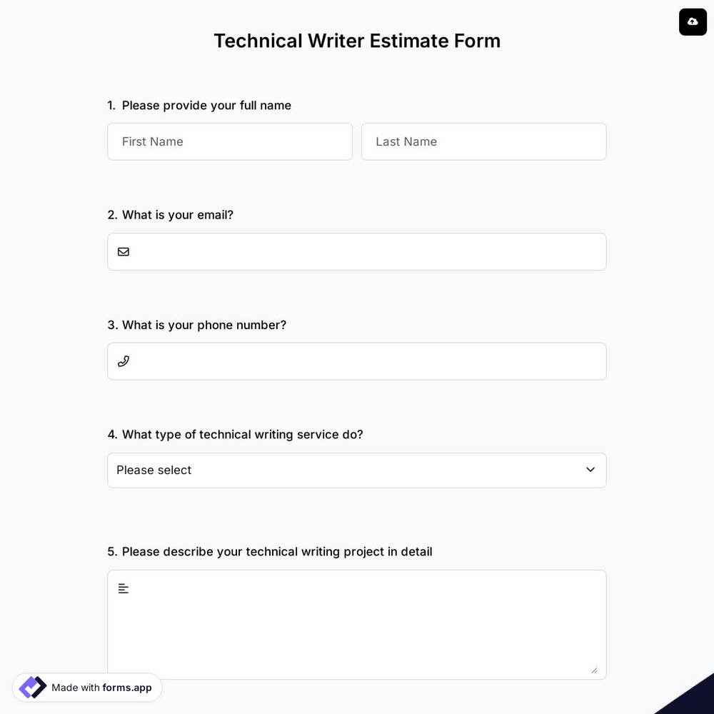 Technical Writer Estimate Form