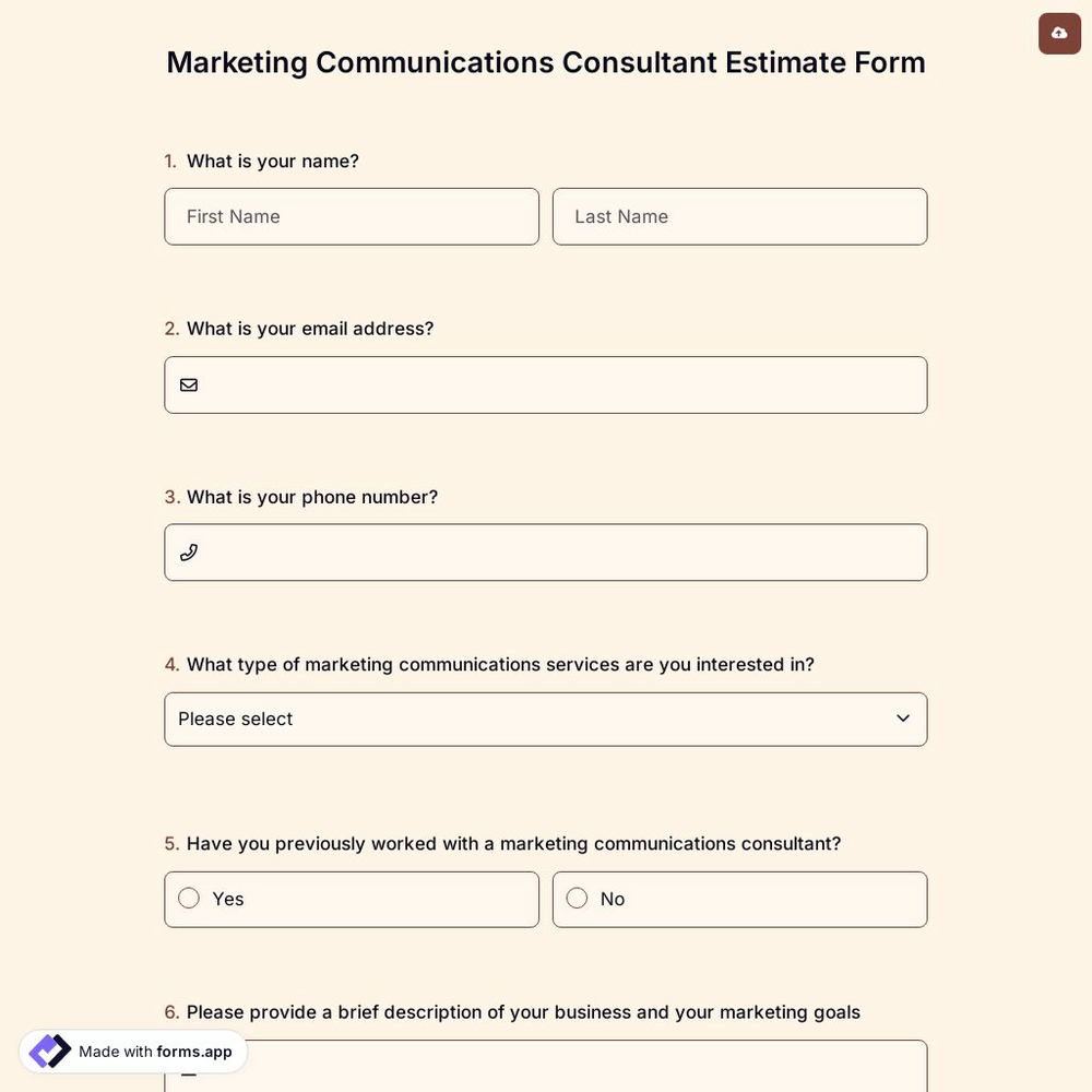 Marketing Communications Consultant Estimate Form