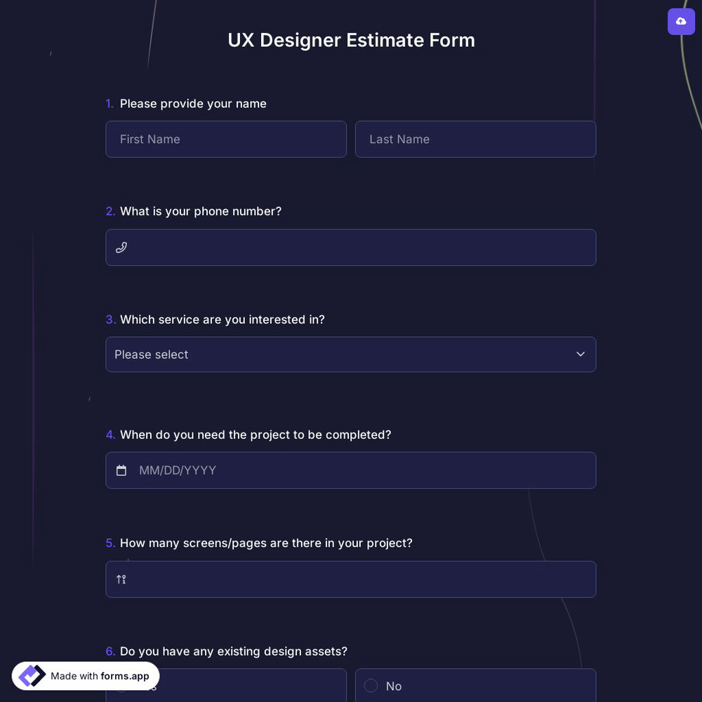 UX Designer Estimate Form