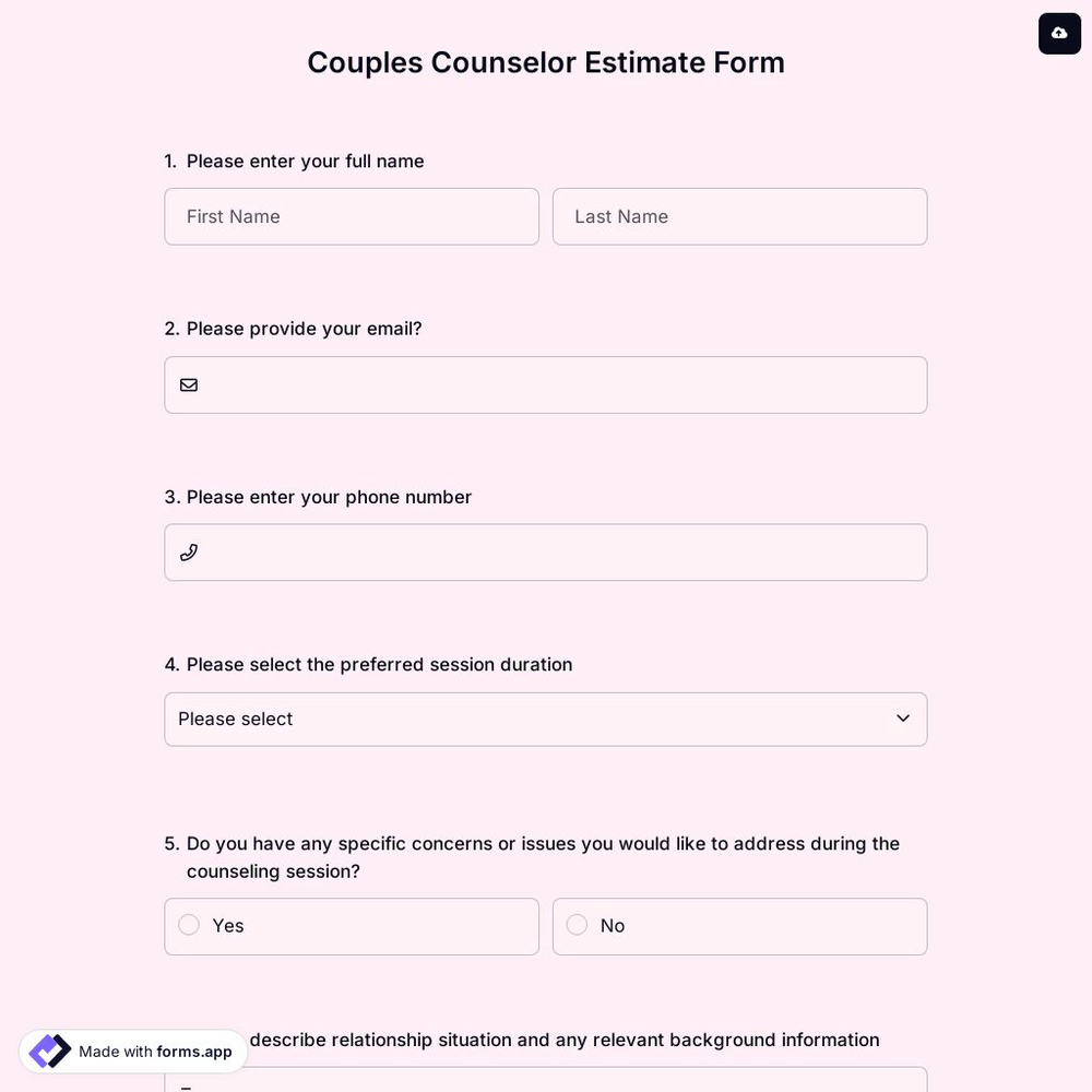 Couples Counselor Estimate Form