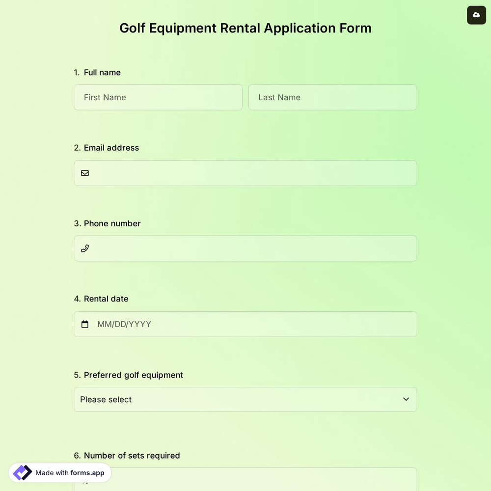 Golf Equipment Rental Application Form