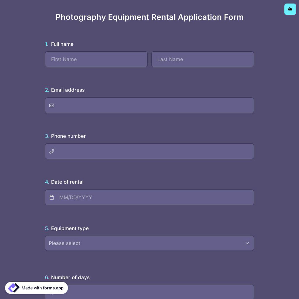 Photography Equipment Rental Application Form