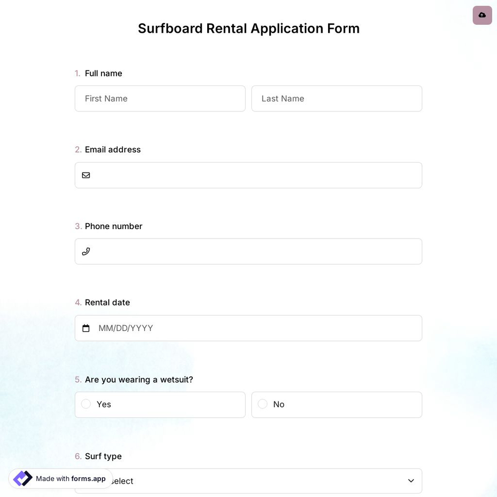 Surfboard Rental Application Form
