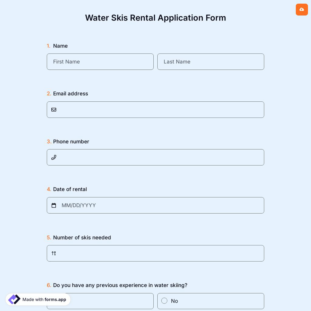 Water Skis Rental Application Form