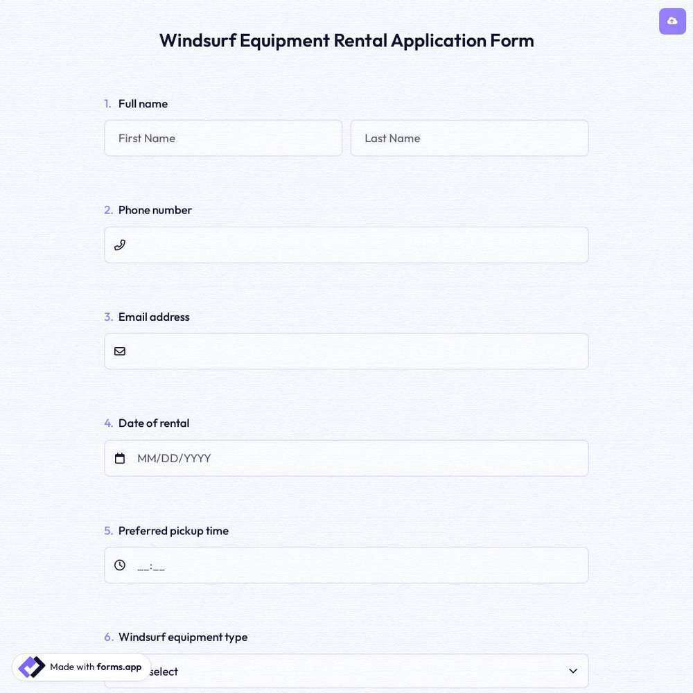 Windsurf Equipment Rental Application Form