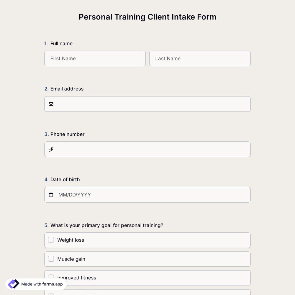 Personal Training Client Intake Form