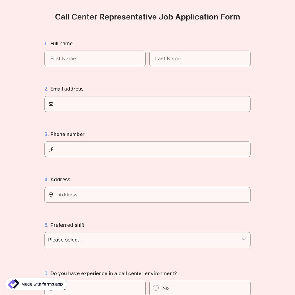 Call Center Representative Job Application Form