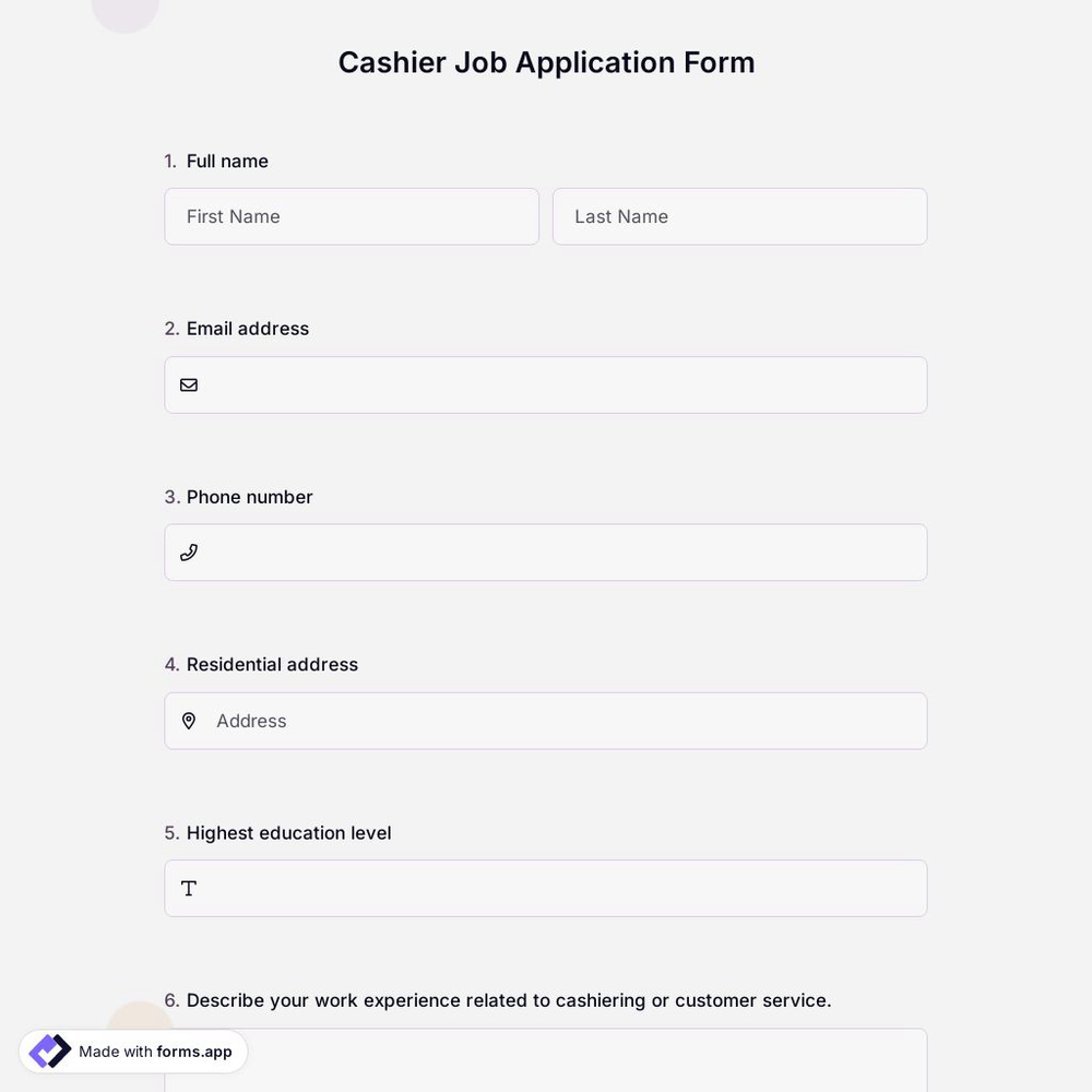 Cashier Job Application Form