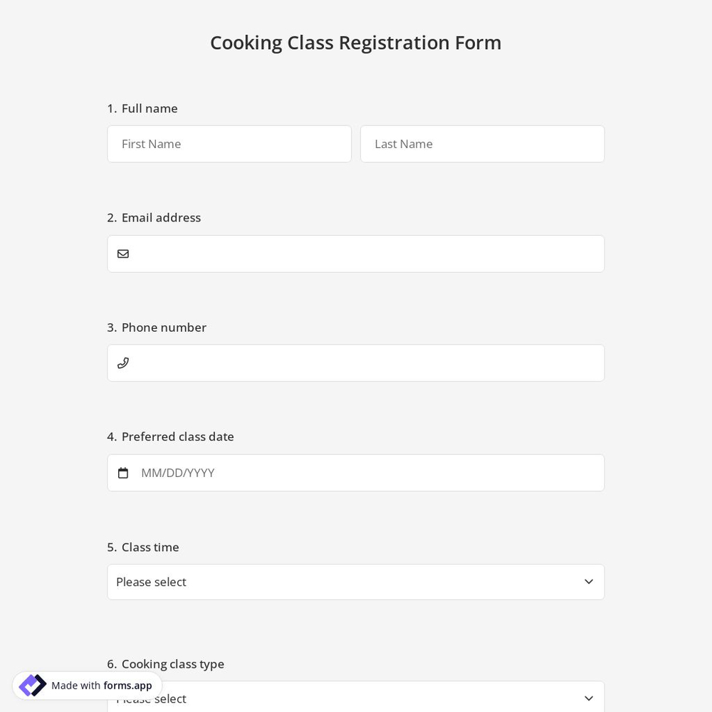 Cooking Class Registration Form