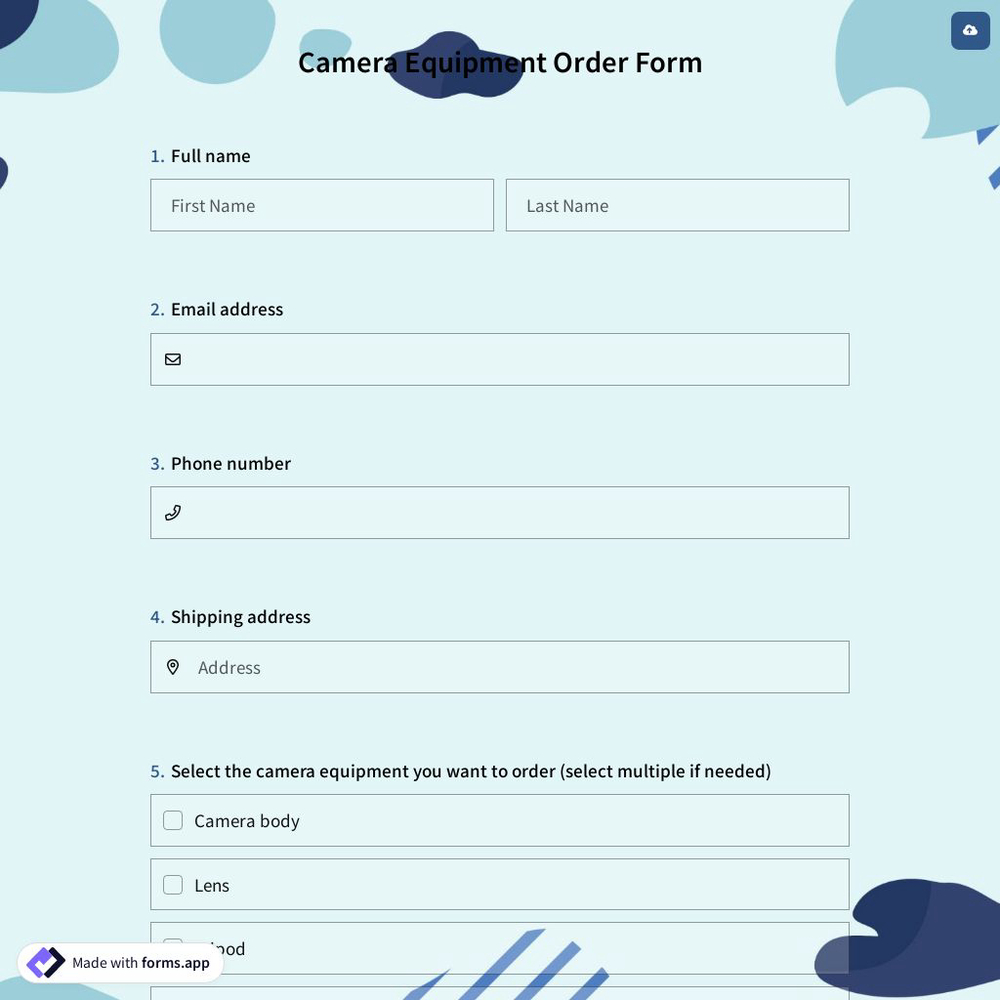 Camera Equipment Order Form