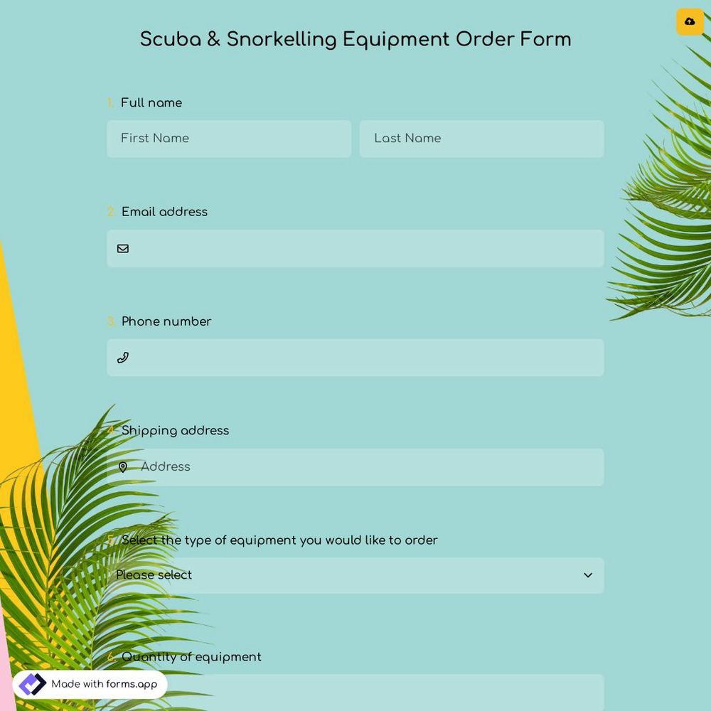 Scuba & Snorkelling Equipment Order Form