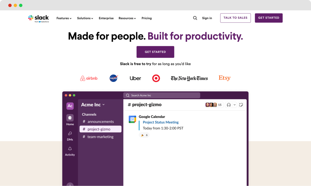 La page d'accueil de Slack