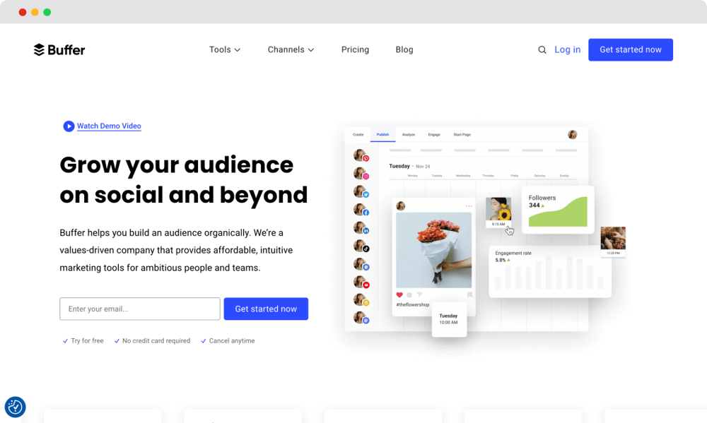 La page d'accueil de Buffer