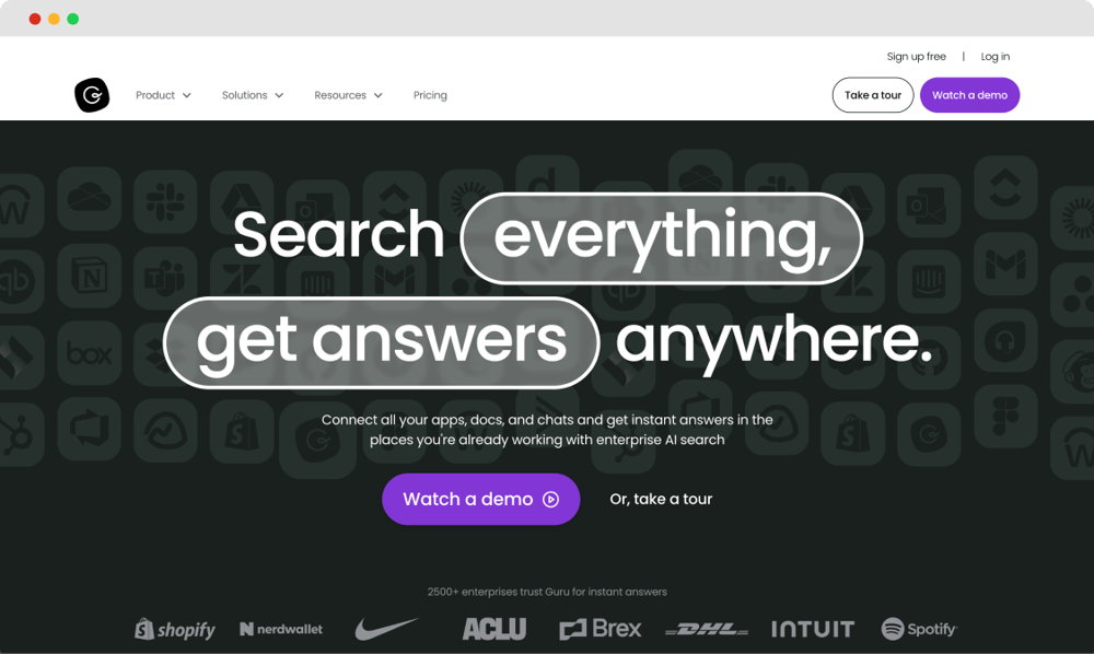La página de inicio de Guru